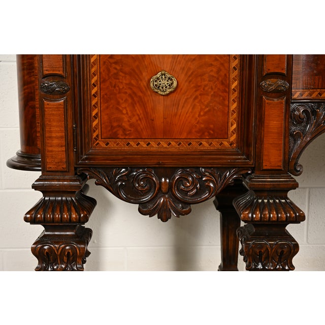 Antique Victorian Renaissance Revival Carved Mahogany Inlaid Marquetry Sideboard by Rockford Furniture, Circa 1920s For Sale - Image 10 of 18