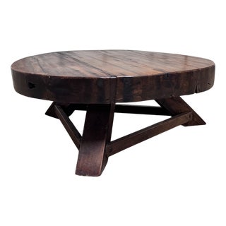 Vintage Brutalist Wabi-Sabi Round Oak Coffee Table, 1950s For Sale