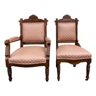 Antique Victorian Eastlake Carved His and Hers Parlor Chairs - Pair For Sale
