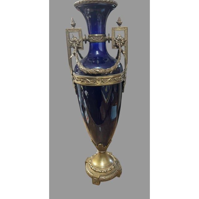 Antique Cobalt Blue Porcelain Bronze Mounted French Empire Style Table Lamp For Sale - Image 10 of 10
