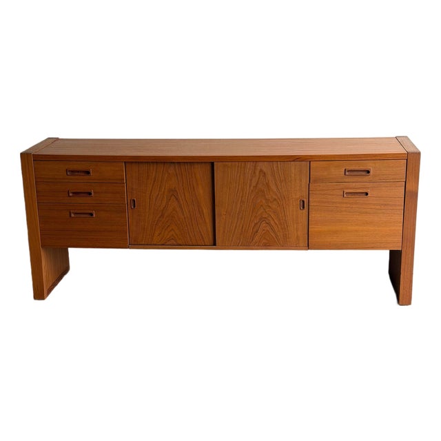 Danish Teak Low Credenza - Mid 20th Century Modern Sideboard With Drawers and Sliding Doors For Sale