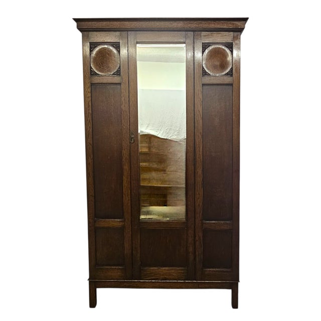 Arts & Crafts Carved Oak Wardrobe Armoire With Mirror Door, 76" For Sale - Image 12 of 15
