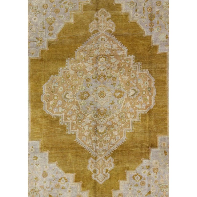 Traditional Mid 20th Century Vintage Turkish Oushak Rug in Saturated Gold and Warm Neutral Colors For Sale - Image 3 of 9