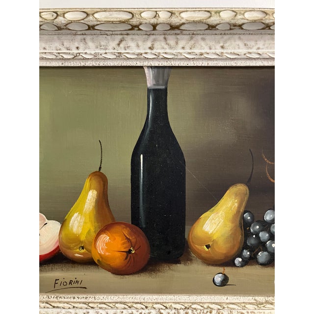 Textile Vintage Still Life Oil Painting by Fiorini – Fruit, Wine Bottle & Grapes For Sale - Image 7 of 8