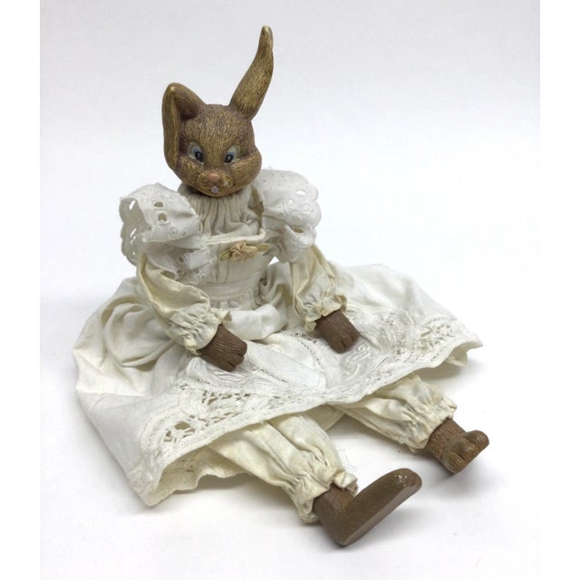 Tan 1920’s Porcelain Bunny With Hand Crochet Dress For Sale - Image 8 of 9