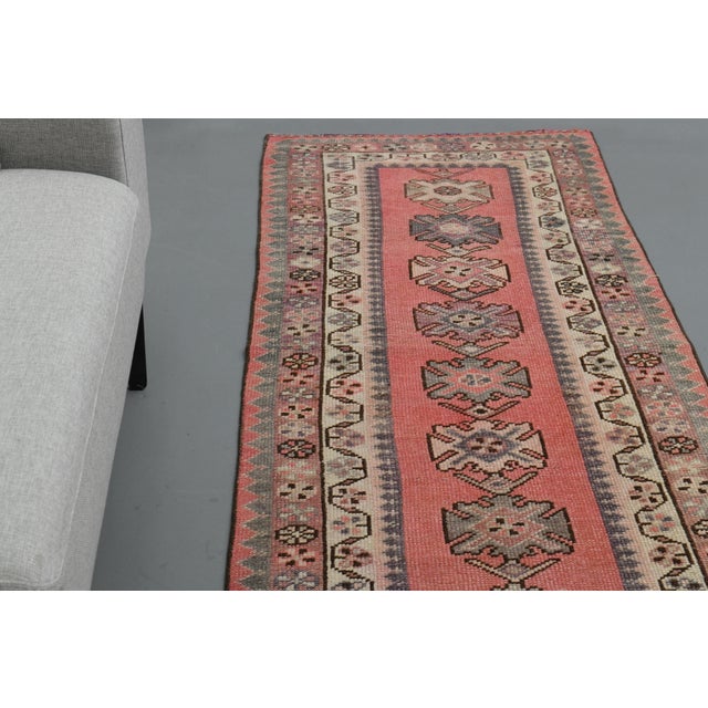 1970s Vintage Turkish Handmade Wool & Cotton Pink Runner Rug For Sale - Image 9 of 11