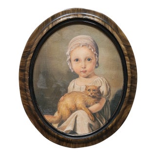 1990s Portrait Painting of a Girl With Her Cat, Oil on Canvas For Sale