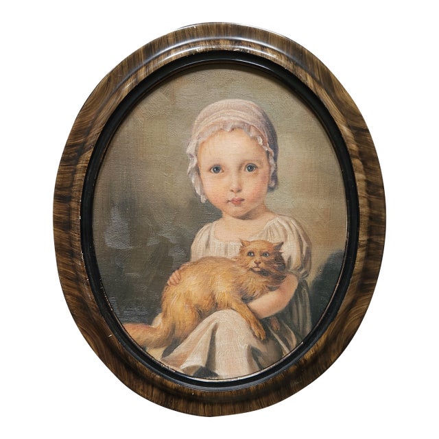 1990s Portrait Painting of a Girl With Her Cat, Oil on Canvas For Sale