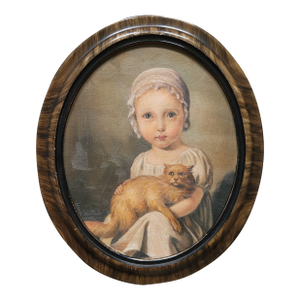 1990s Portrait Painting of a Girl With Her Cat, Oil on Canvas