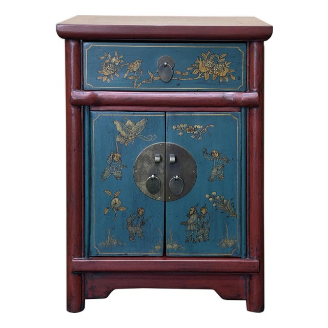 Oriental Red Blue Doors Golden Butterflies Fishes Graphic End Table Nightstand For Sale