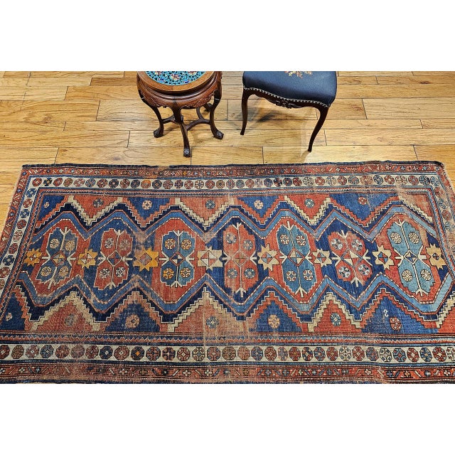 Persian Vintage Persian Kurdish Tribal Rug, Hand-Knotted Wool, Geometric Pattern, Blue & Rust-Red, 4x8 For Sale - Image 3 of 14