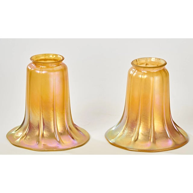 Glass Pair of Mid 20th Century Tiffany Style Fluted Trumpet Art Glass Lamp Shades For Sale - Image 7 of 7