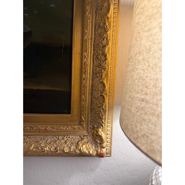 Textile Large Floral Still Life | Oil on Canvas Painting in Ornate Gilt Frame For Sale - Image 7 of 10
