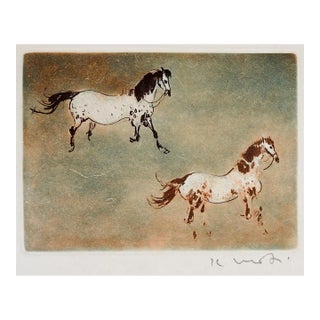 Late 20th Century Kaiko Moti Horses in Blue and Umber Aquatint Etching For Sale