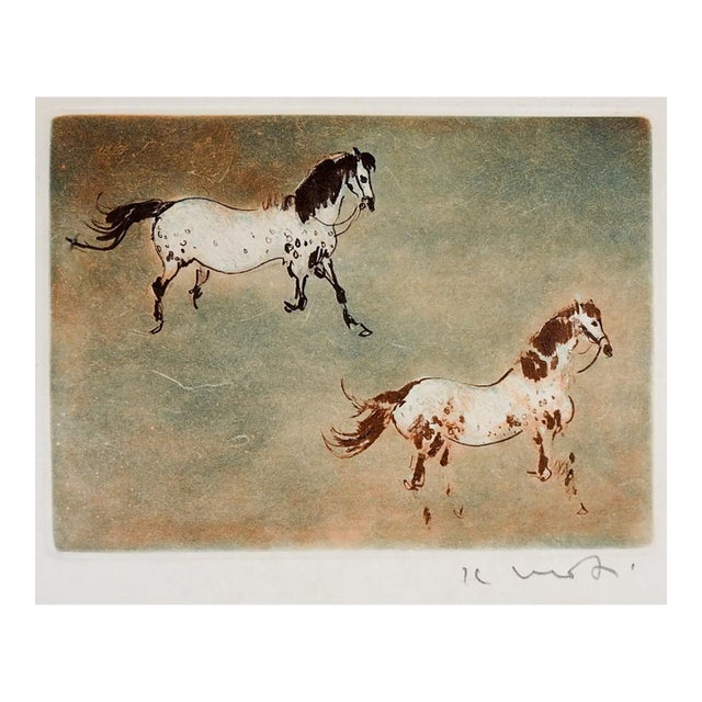 Late 20th Century Kaiko Moti Horses in Blue and Umber Aquatint Etching For Sale
