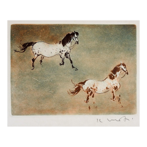 Late 20th Century Kaiko Moti Horses in Blue and Umber Aquatint Etching