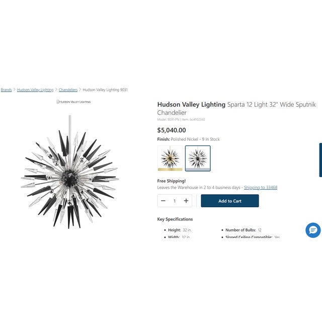 Contemporary Hudson Valley Sparta 32" Designer Chandelier – Polished Nickel For Sale - Image 3 of 3