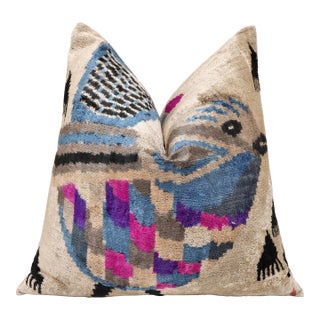 The Geometric Blue Bird Silk Velvet Pillow - 20" X 20" For Sale