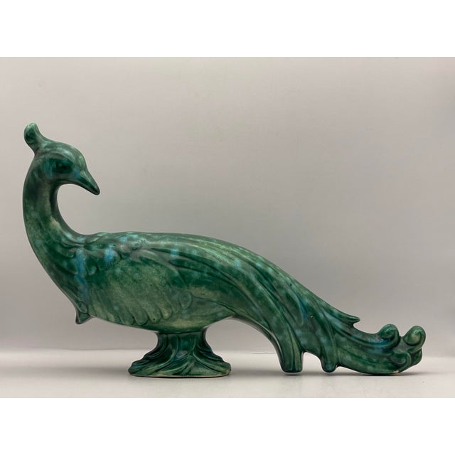 Teal 1940’s Dapple Glazed Ceramic Peacock Statue For Sale - Image 8 of 9