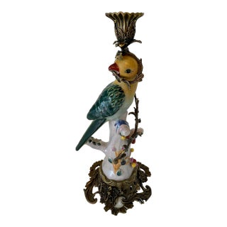 Late 20th Century Porcelain Parrot Wrapped in Bronze Candlestick For Sale