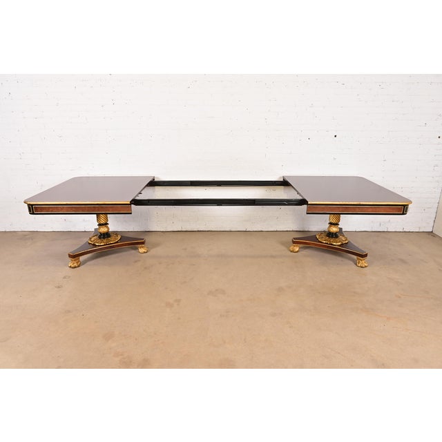 Baker Furniture Stately Homes Collection Mahogany, Burl Wood, and Parcel-Gilt Double Pedestal Extension Dining Table, Newly Restored For Sale In South Bend - Image 6 of 18