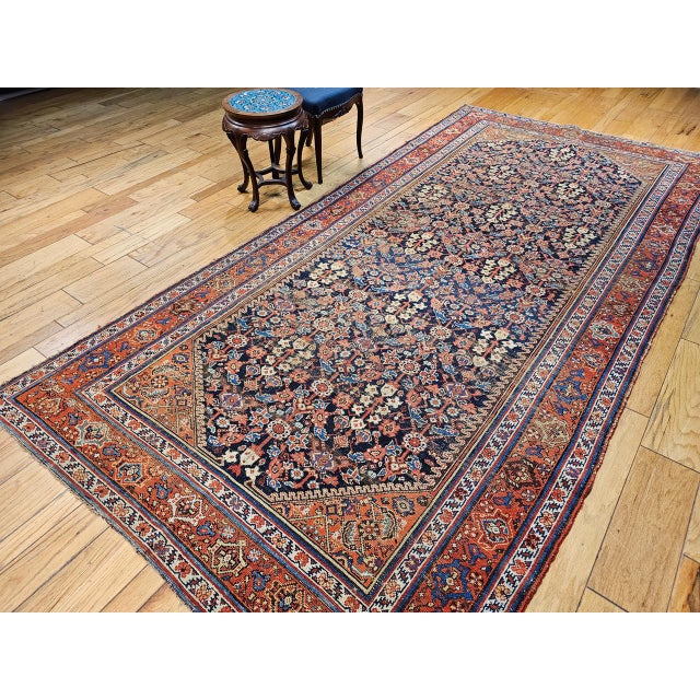 19th Century Antique Malayer Gallery Rug, Hand-Knotted Wool, Allover Geometric Pattern, Navy & Red, 6x12 For Sale - Image 5 of 14
