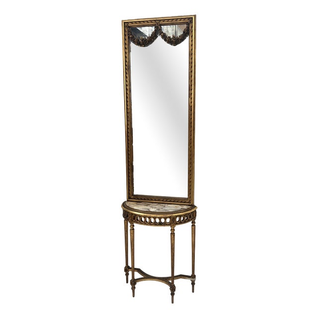 Louis XVI Style Console and Interior Mirror in Gilded Wood, Set of 2 For Sale