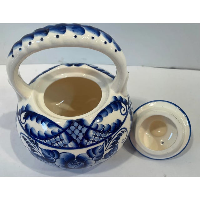 Traditional Vintage Blue and White Ceramic Tea Pot Signed For Sale - Image 3 of 5