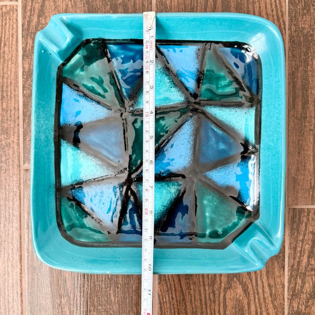 Mid Century Modern Aldo Londi Vetrata Bitossi Italy Teal Ceramic Ashtray Rare For Sale - Image 9 of 11