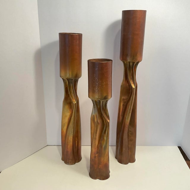 Brutalist Set of Three Late 20th Century “Tortured” Brutalist Copper Candlesticks by Thomas Roy Markusen For Sale - Image 3 of 12