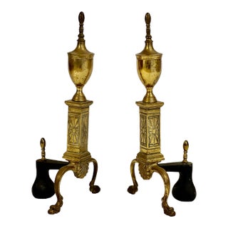 Set of 2 Antique Brass Fireplace Andirons by Bennett For Sale