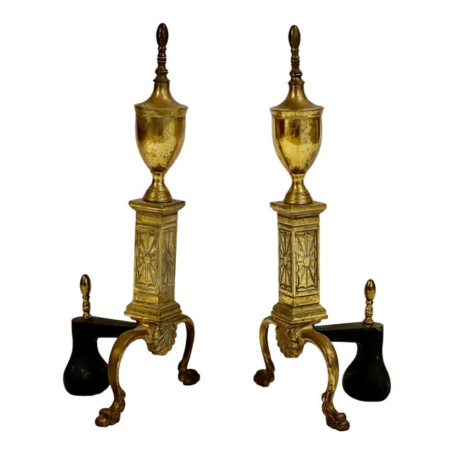Set of 2 Antique Brass Fireplace Andirons by Bennett For Sale