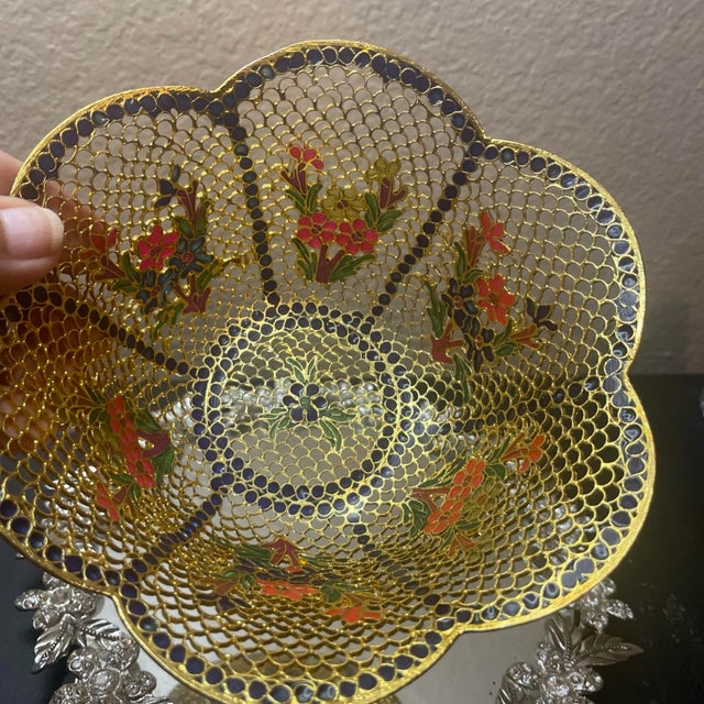 VTG Plique-a-Jour Cloisonné Enamel 5” Scalopped Bowl For Sale - Image 4 of 7