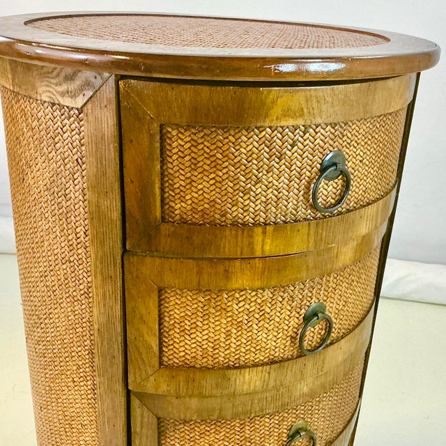 Chestnut 1980s British Colonial Ralph Lauren Style Round Herringbone Cane & Wood Cabinet, 4 Drawers For Sale - Image 8 of 16