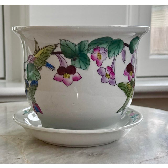White Chinoiserie Planter Hummingbirds & Water Tray For Sale - Image 8 of 11