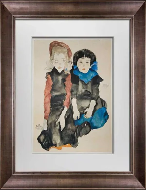 Abstract Egon Schiele Lithograph “Two Little Girls” - Signed