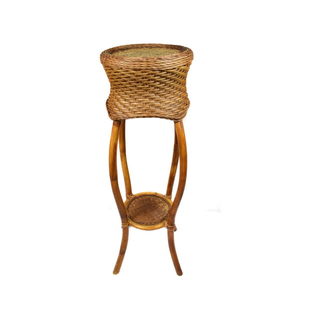 Mid Century Hand Woven Wicker Rattan Bamboo Displaying Plant Stand For Sale - Image 4 of 9