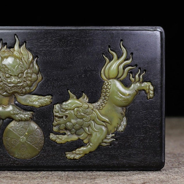 Black Zitan Wood Box Inlaid With Jade Lion Motif For Sale In Los Angeles - Image 6 of 9