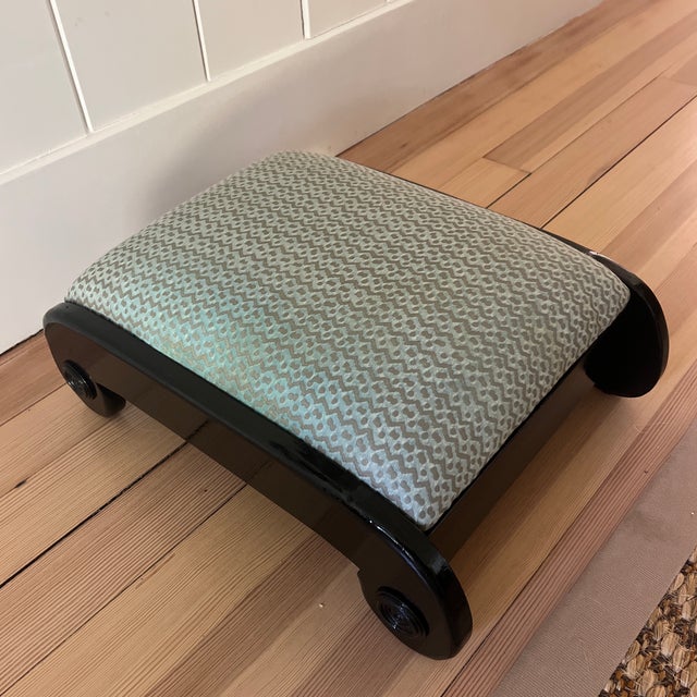 Neoclassical Style High Gloss Black Low Scroll Stool With Fortuny Cotton Fabric For Sale In Providence - Image 6 of 7