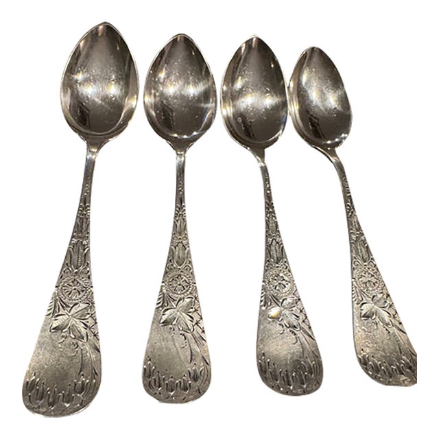 Early 20th Century Whiting Co. Sterling Silver "Antique Lily- Engraved" Teaspoons. Monogram "m.m.d." on Back of Handle - Set of 4 For Sale
