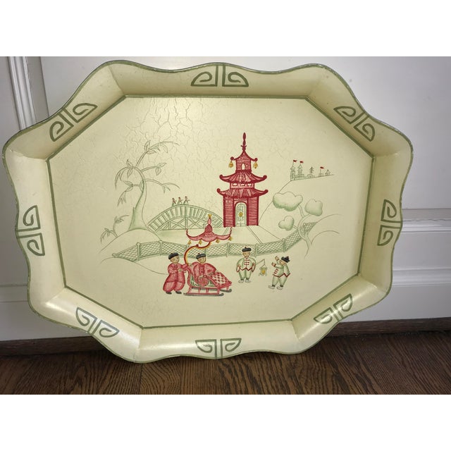 Red Casafina Chinoiserie Asian Motif Toleware Metal Tray For Sale - Image 8 of 8