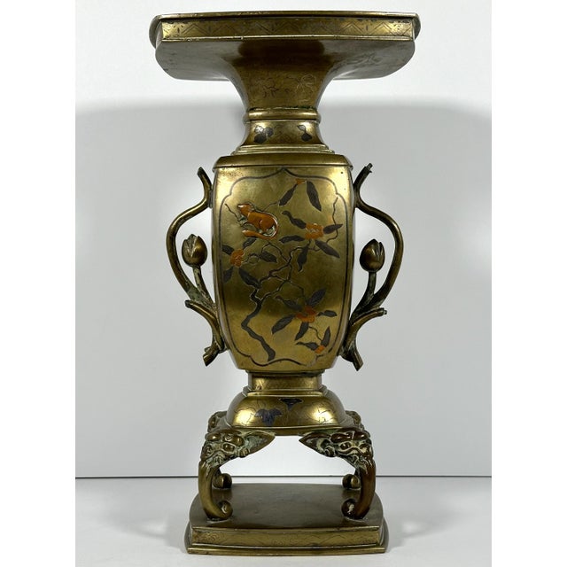 Japanese 19th Century Meiji Japanese Bronze Ikebana Vase: Mixed Metals Usubata For Sale - Image 3 of 10
