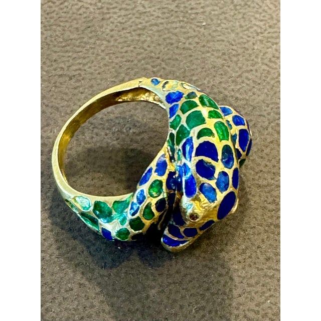 Blue & Green Enamel Snake Animal Cocktail Ring in 18 Karat Yellow Gold Size 5 For Sale - Image 4 of 18