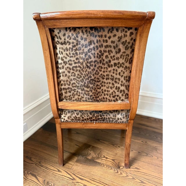 Animal Skin Mid 20th Century Empire Style Leopard Print Animal Hide Carved Wood Arm Chair For Sale - Image 7 of 13