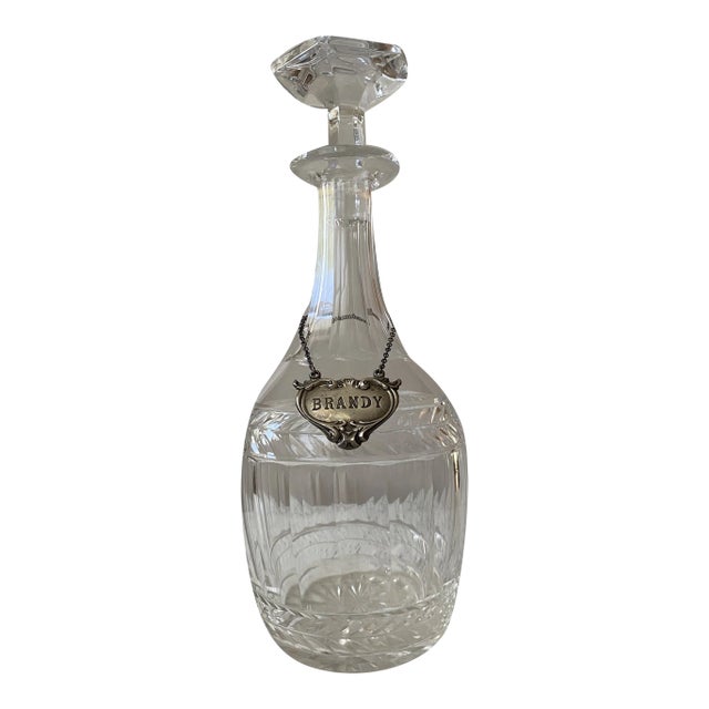 Antique Singed Crystal Decanter With Sterling Silver Brandy Tag For Sale