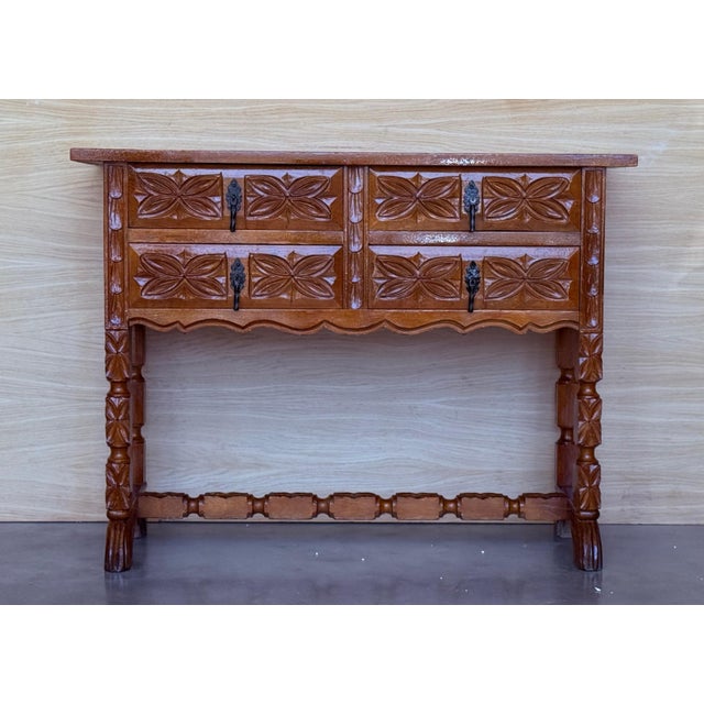 Baroque 19th Century Catalan Spanish Carved Walnut Console Sofa Table, Four Drawers For Sale - Image 3 of 18