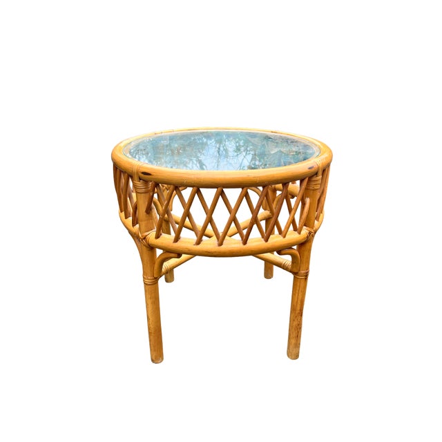 Boho Chic Vintage Bamboo Round Glass Top Table End Side or Accent Table For Sale - Image 3 of 5