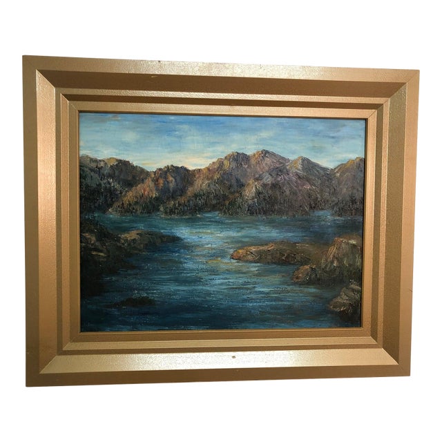 Mid 20th Century River and Mountains – Original Oil on Canvas For Sale