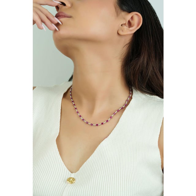 Natural 8.90ct Ruby & 1.24ct Diamond Riviera Tennis Necklace in 14k White Gold For Sale - Image 12 of 17