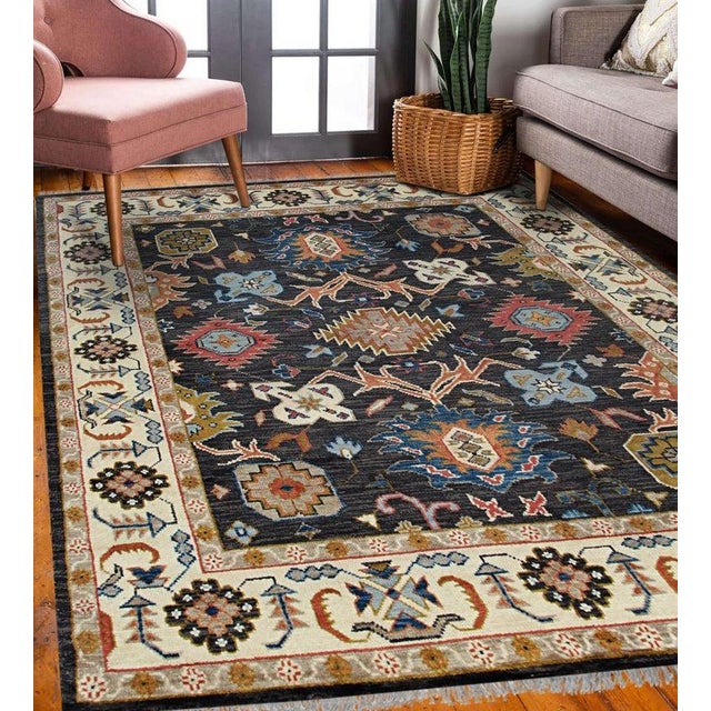 Textile 8x10 Blue Hand-Knotted Wool Floral Medallion Border Traditional Carpet Rug For Sale - Image 7 of 7